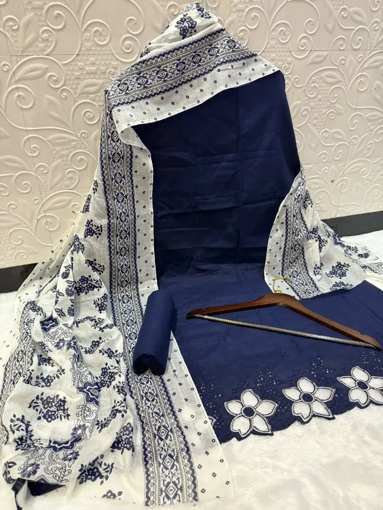 Pure Cotton Floral Scalloped Border Unstitched Suit Set (Blue)