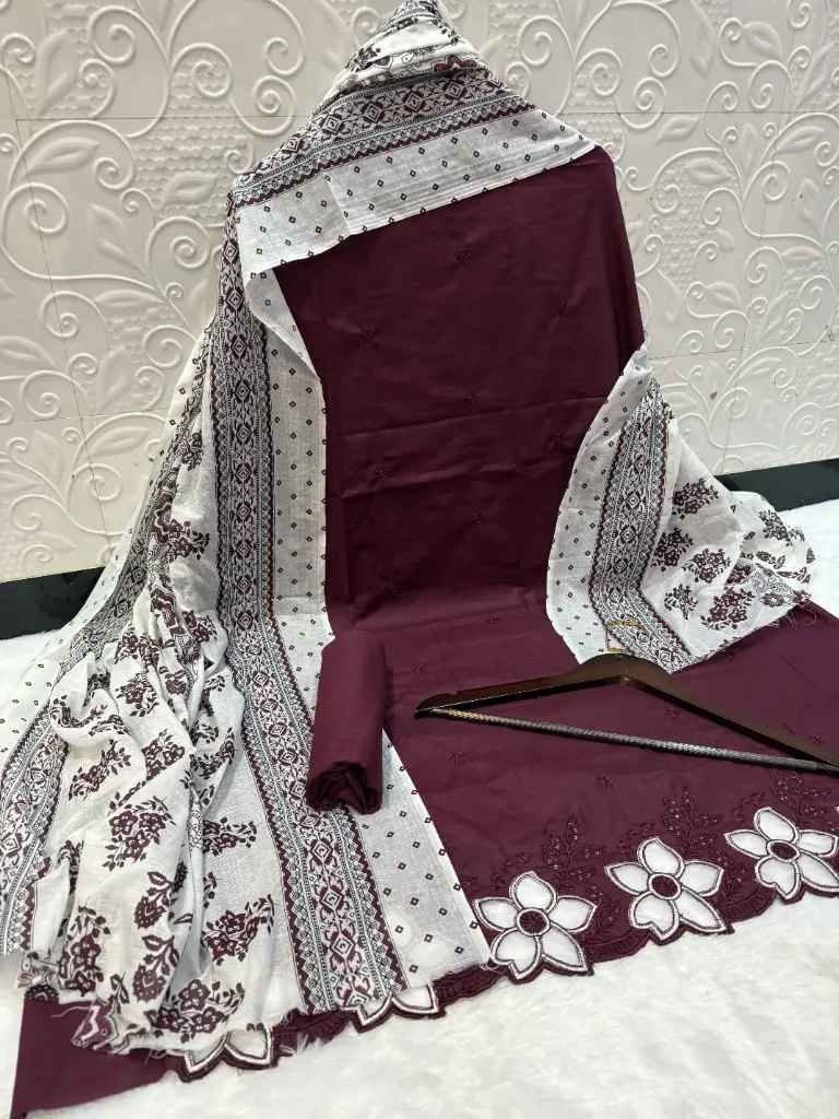 Pure Cotton Floral Scalloped Border Unstitched Suit Set