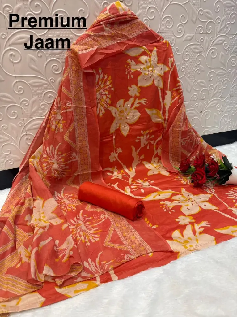 Jam Satin Potli Work Printed Unstitched Suit Set