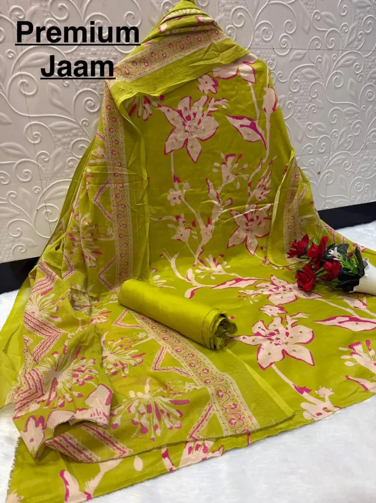 Jam Satin Potli Work Printed Unstitched Suit Set