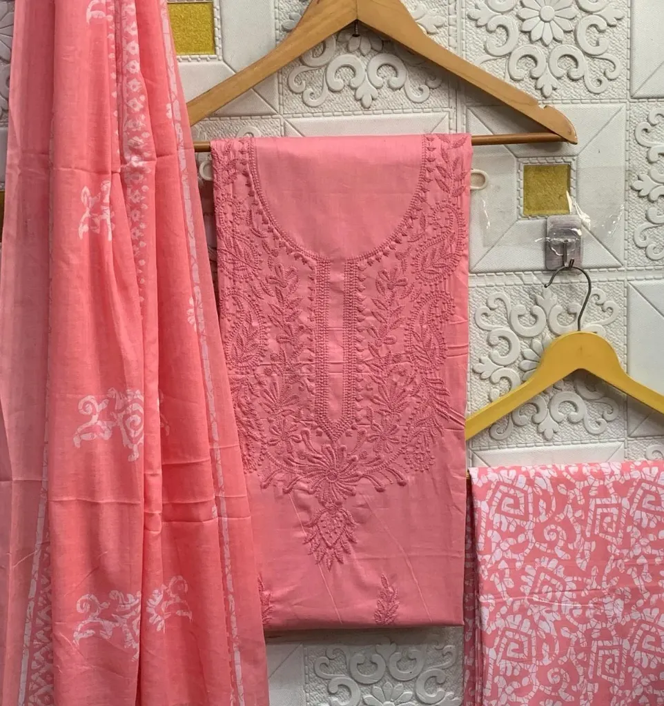 Pure Cotton Chikankari Neck Embroidery Unstitched Suit Set (Pink)