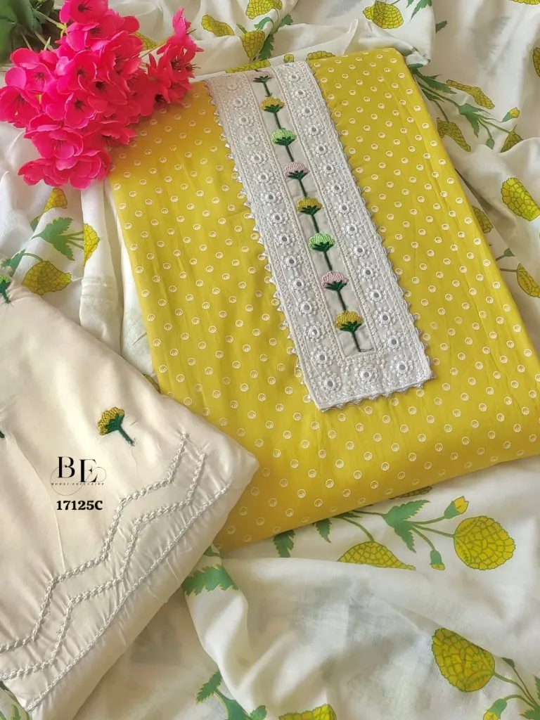 Pure Cotton Floral Stem Neck Embroidery Unstitched Suit Set