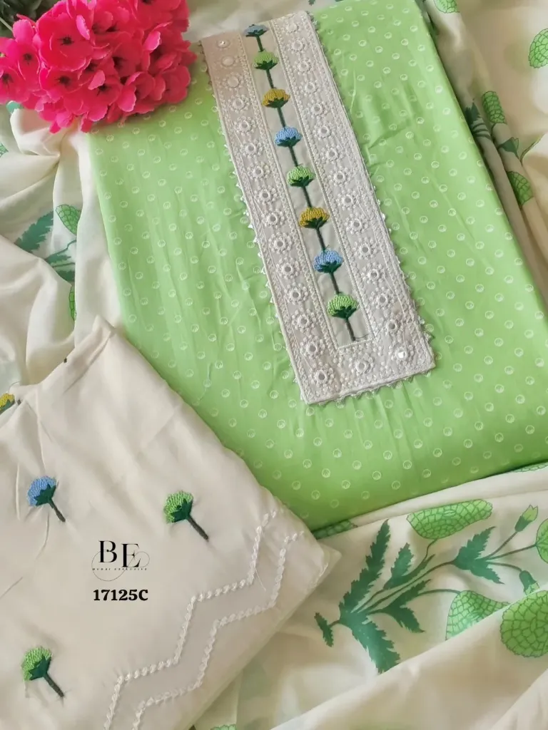 Pure Cotton Floral Stem Neck Embroidery Unstitched Suit Set