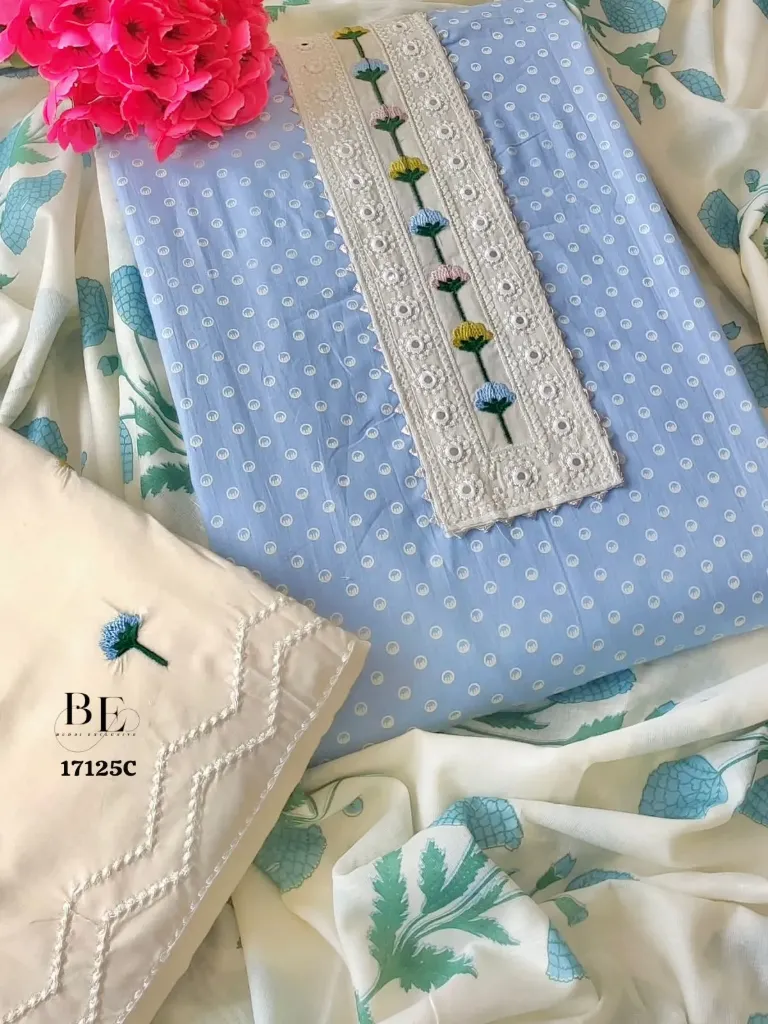Pure Cotton Floral Stem Neck Embroidery Unstitched Suit Set