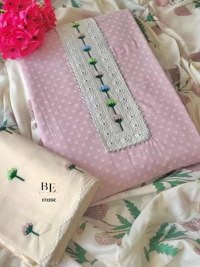 Pure Cotton Floral Stem Neck Embroidery Unstitched Suit Set