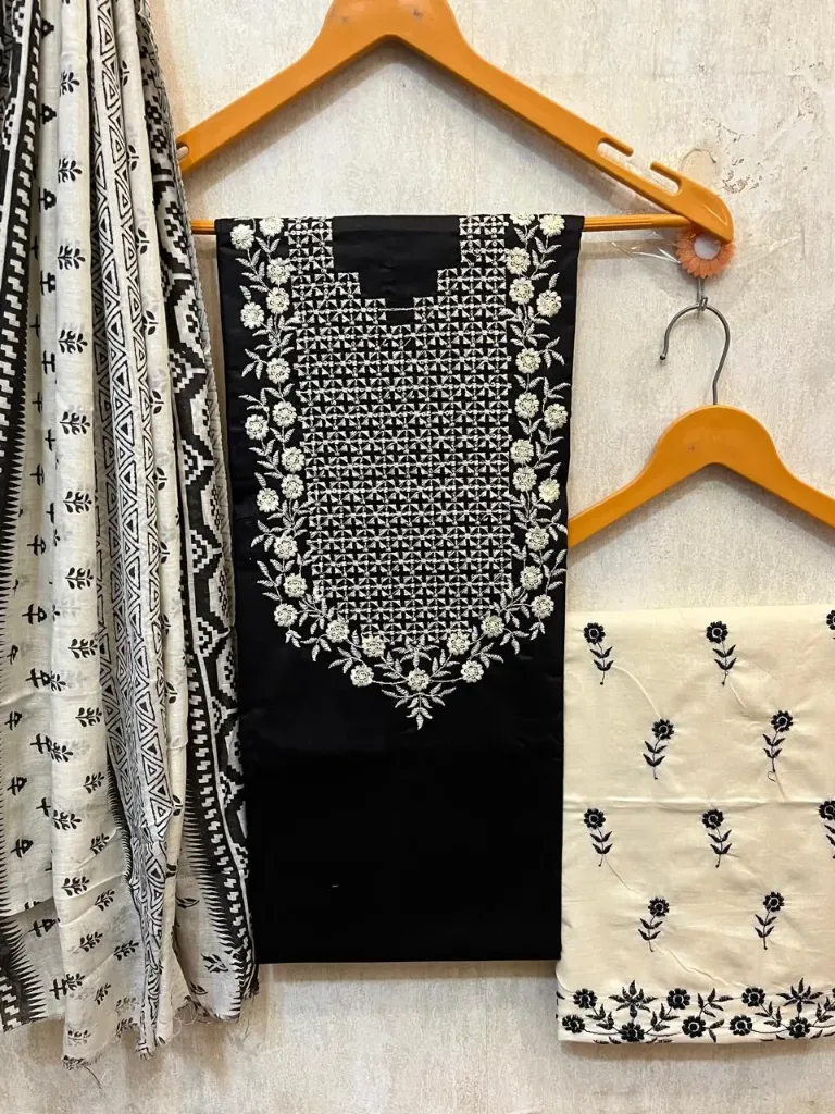 Pure Cotton Black Floral Neck Jaali Embroidery Unstitched Suit Set