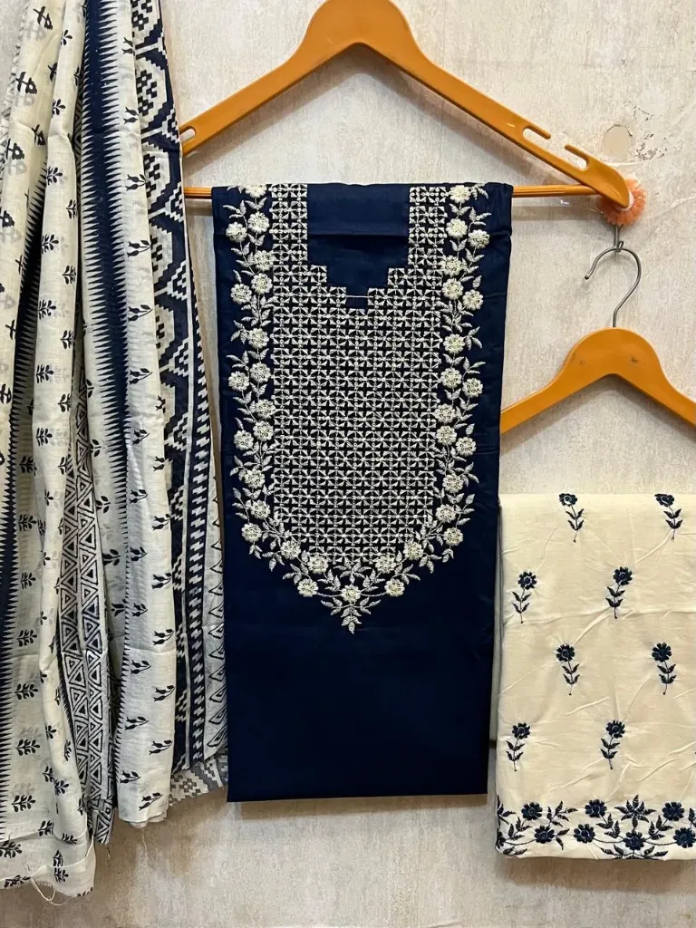 Pure Cotton Black Floral Neck Jaali Embroidery Unstitched Suit Set