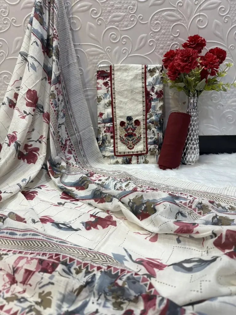 Pure Cotton Floral Panel Neck Embroidery Unstitched Suit Set