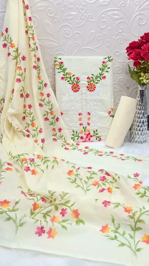 Pure Cotton Floral Vine Neck Embroidery Unstitched Suit Set