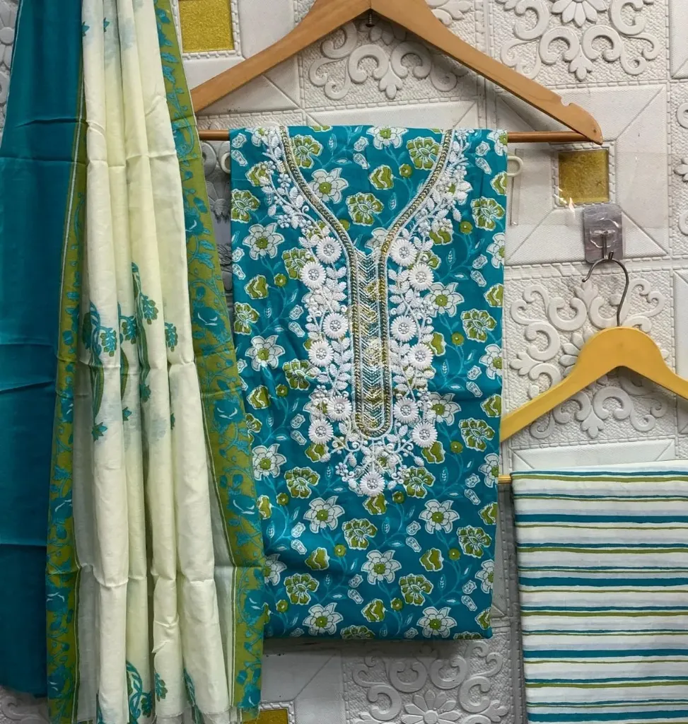 Pure Cotton Teal Floral Neck Embroidery Unstitched Suit Set