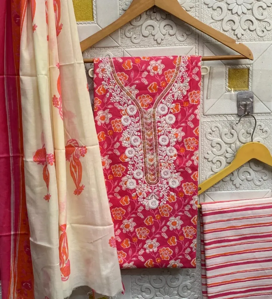 Pure Cotton Teal Floral Neck Embroidery Unstitched Suit Set