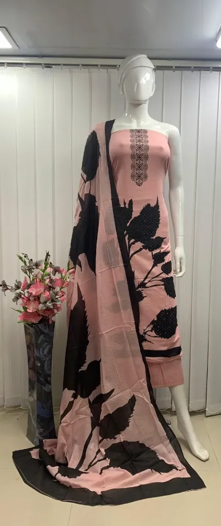 Pure Cotton Pink Black Leaf Print Neck Embroidery Unstitched Suit Set
