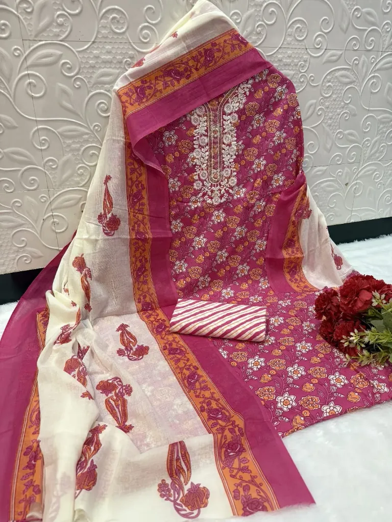 Pure Cotton Pink Floral Border Neck Embroidery Unstitched Suit Set