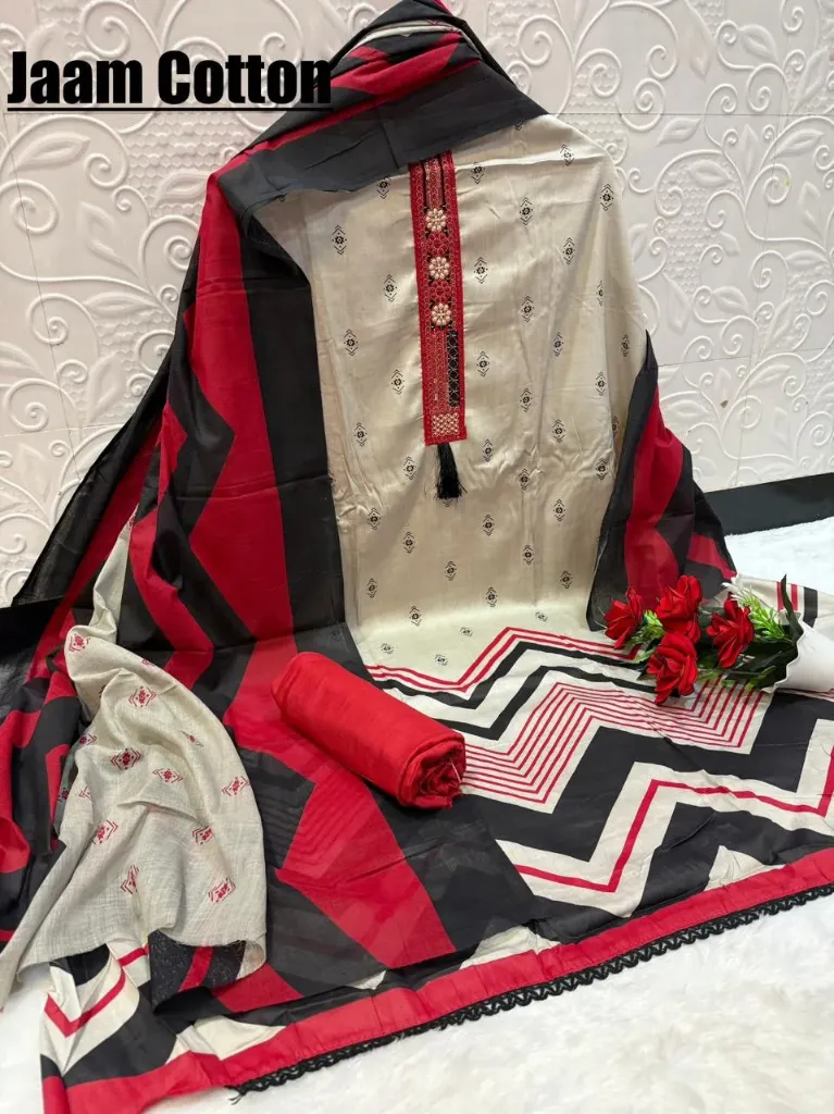 Jaam Cotton Off-White Red-Black Zigzag Embroidery Unstitched Suit Set (White)