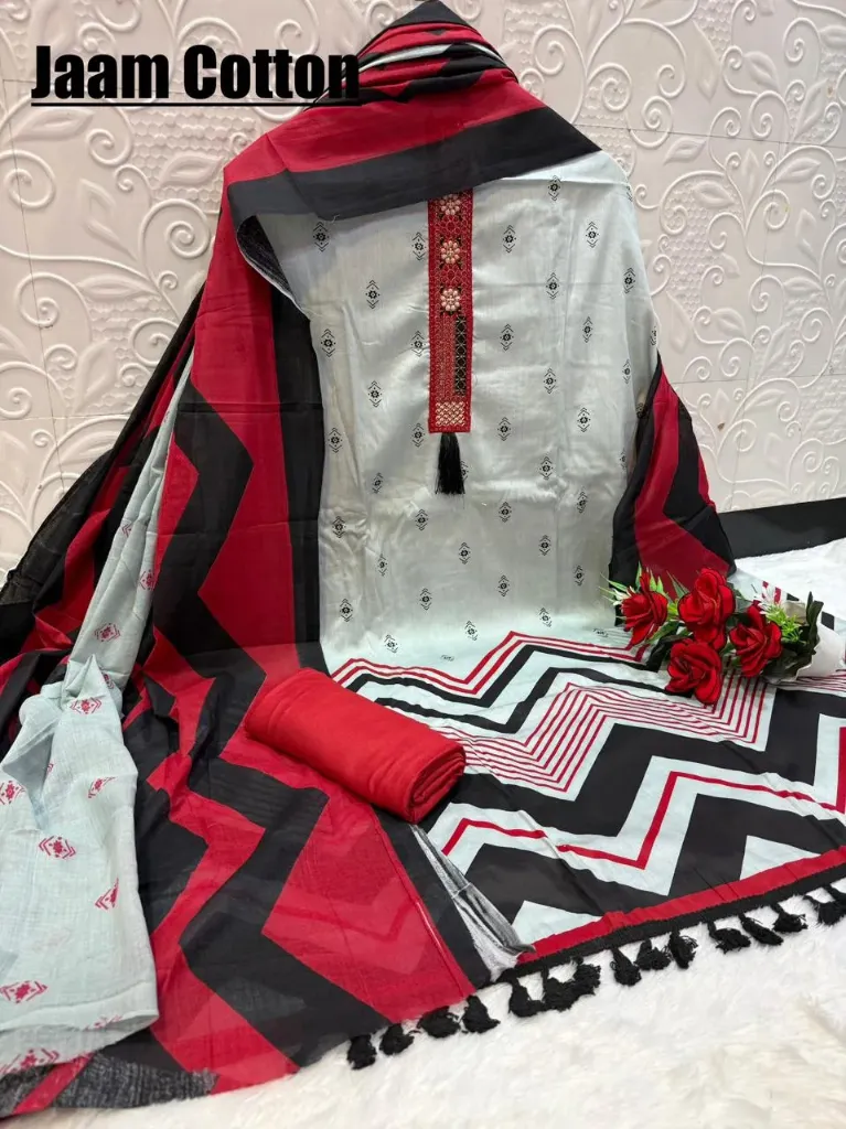 Jaam Cotton Off-White Red-Black Zigzag Embroidery Unstitched Suit Set