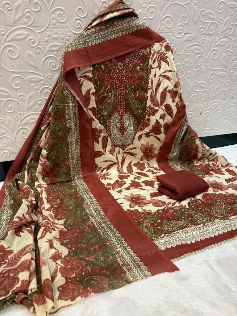 Cotton Paisley Embroidery Unstitched Suit Set (Maroon)