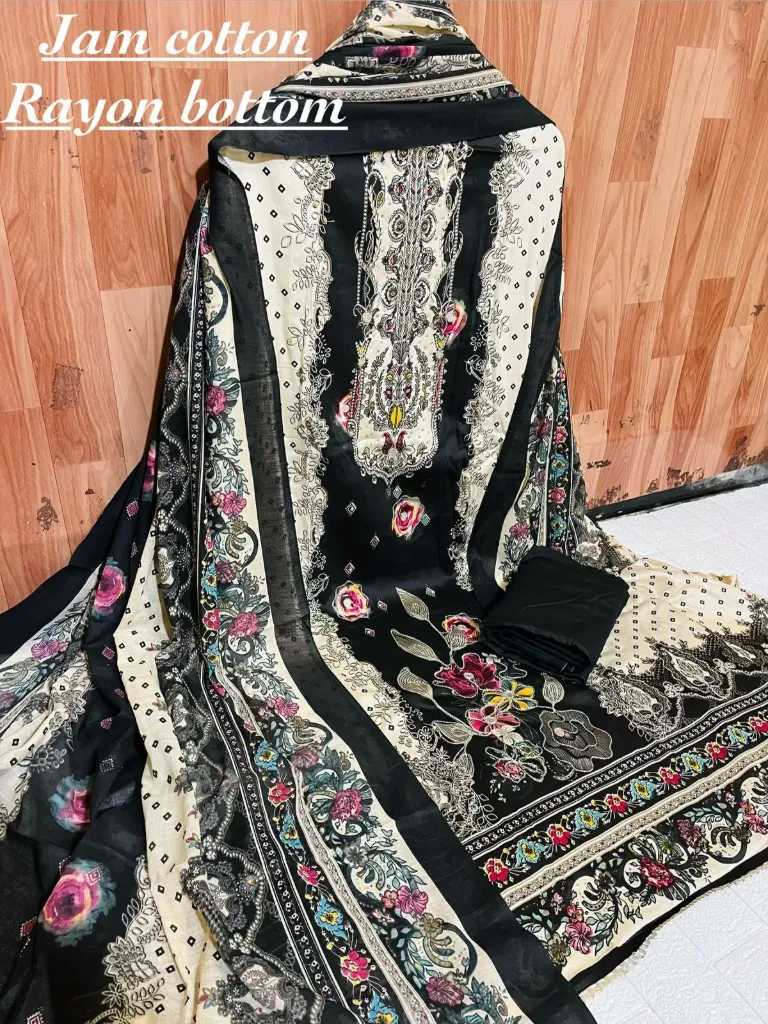 Jaam Cotton Floral Heavy Embroidery Unstitched Suit Set