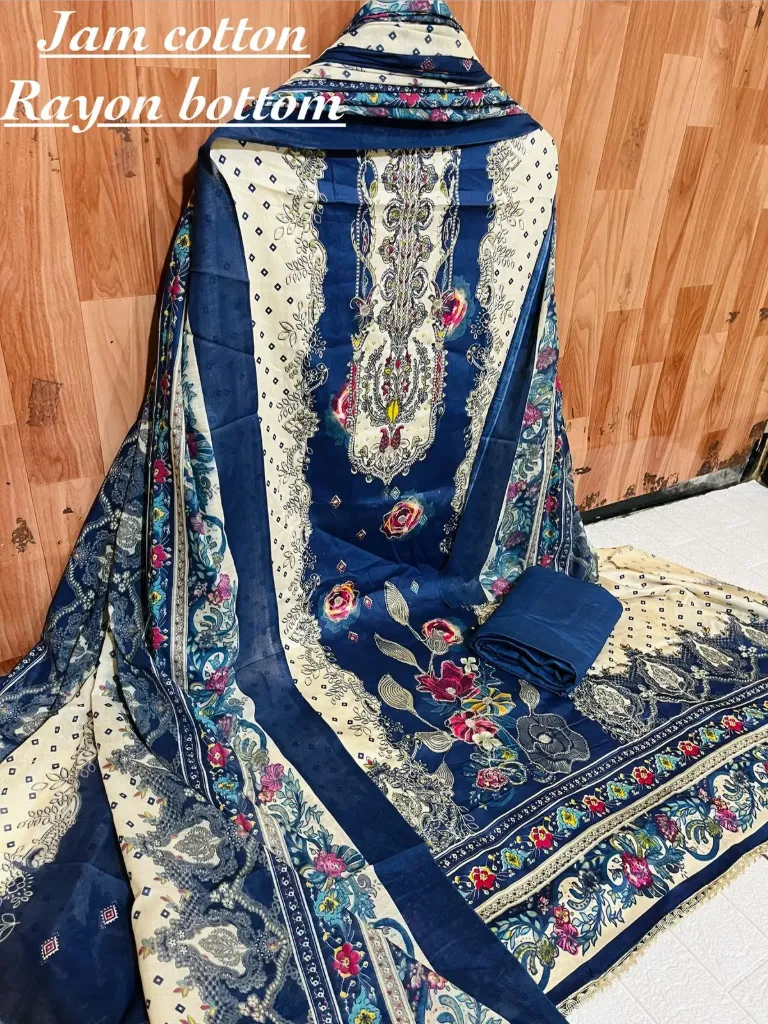 Jaam Cotton Floral Heavy Embroidery Unstitched Suit Set (Blue)