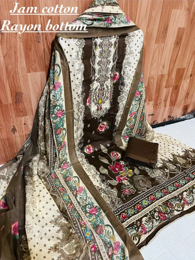 Jaam Cotton Floral Heavy Embroidery Unstitched Suit Set