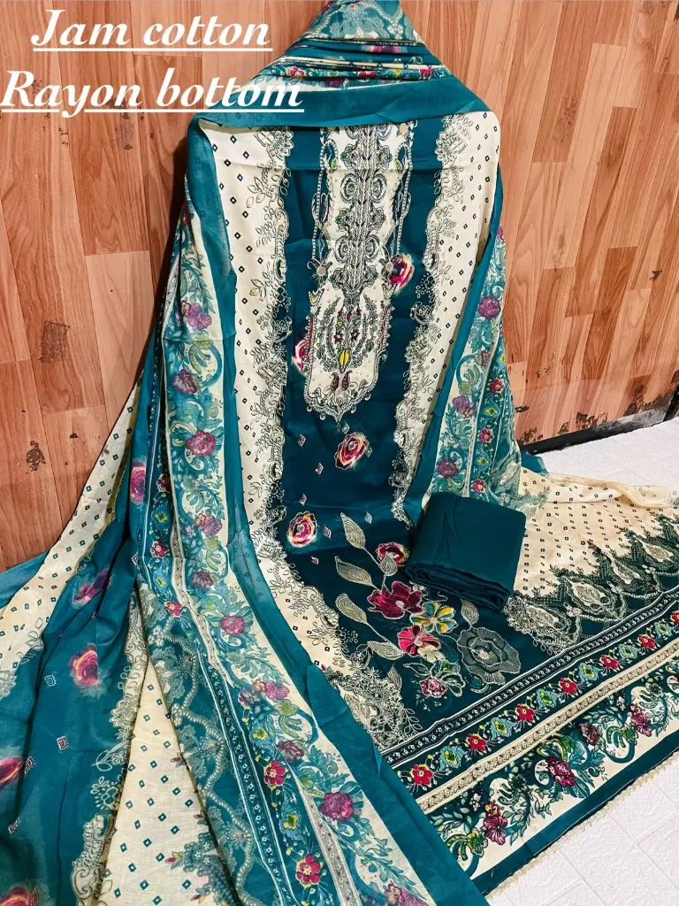 Jaam Cotton Floral Heavy Embroidery Unstitched Suit Set
