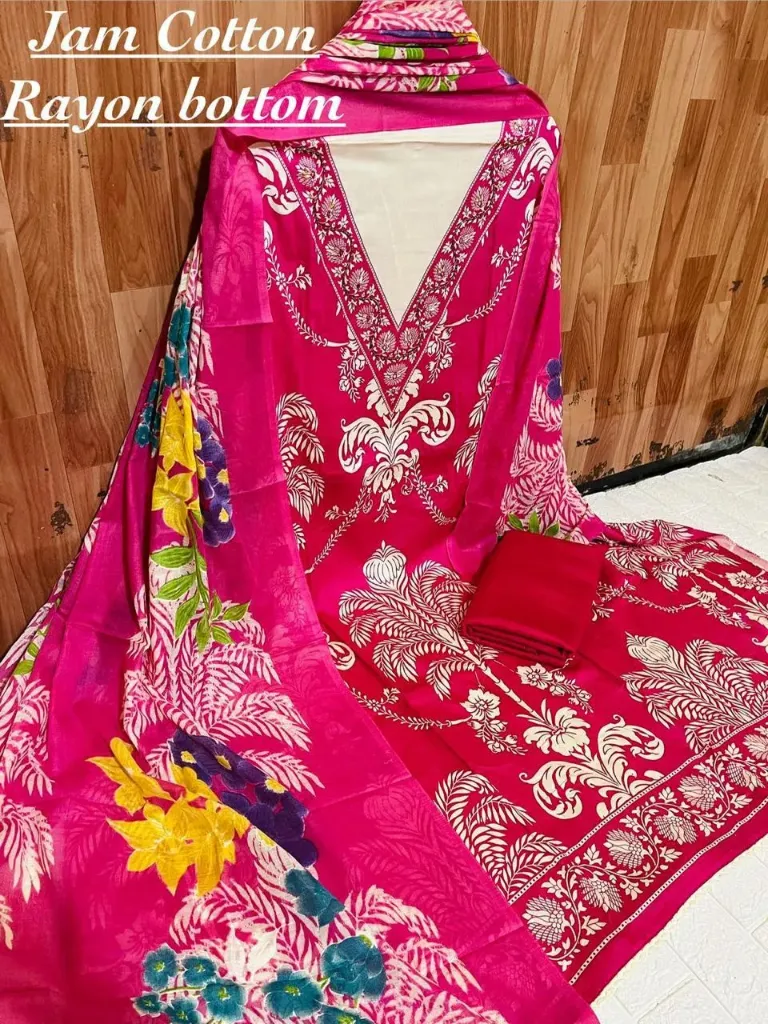 Jaam Cotton V-Neck Floral Embroidery Unstitched Suit Set