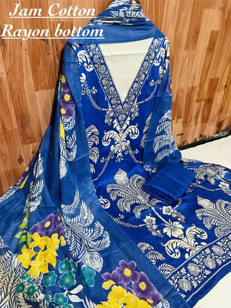 Jaam Cotton V-Neck Floral Embroidery Unstitched Suit Set (Blue)