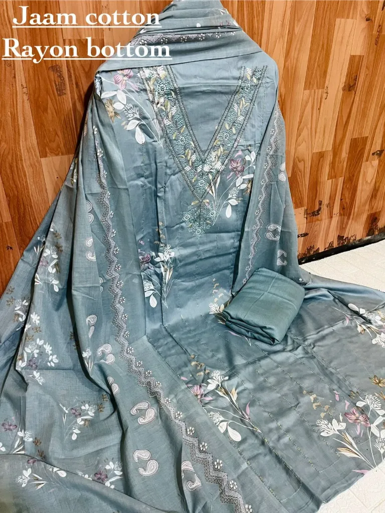 Jaam Cotton Deep V Floral Threadwork Unstitched Suit Set (Blue)