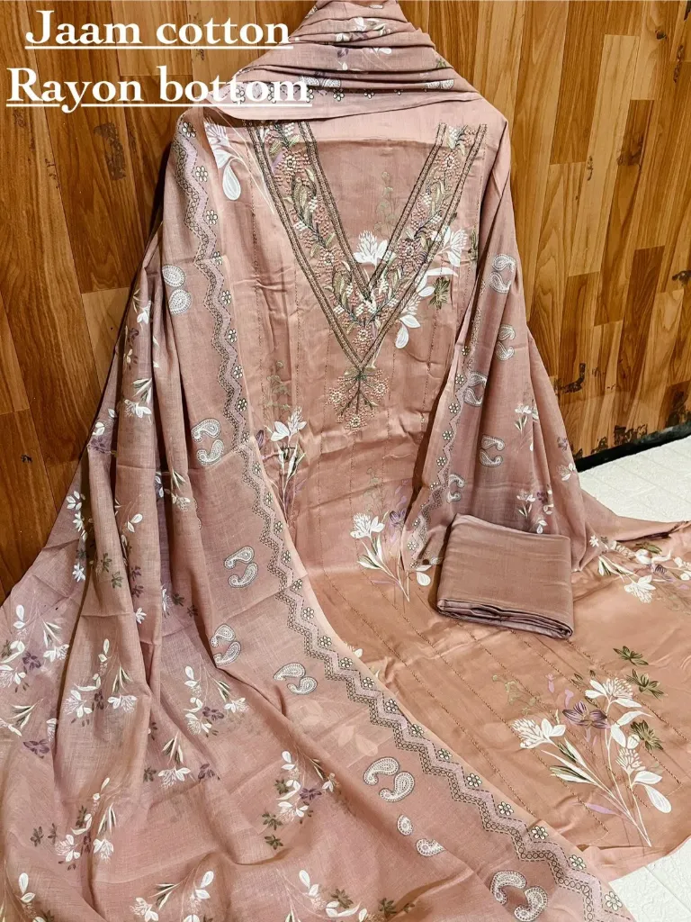 Jaam Cotton Deep V Floral Threadwork Unstitched Suit Set