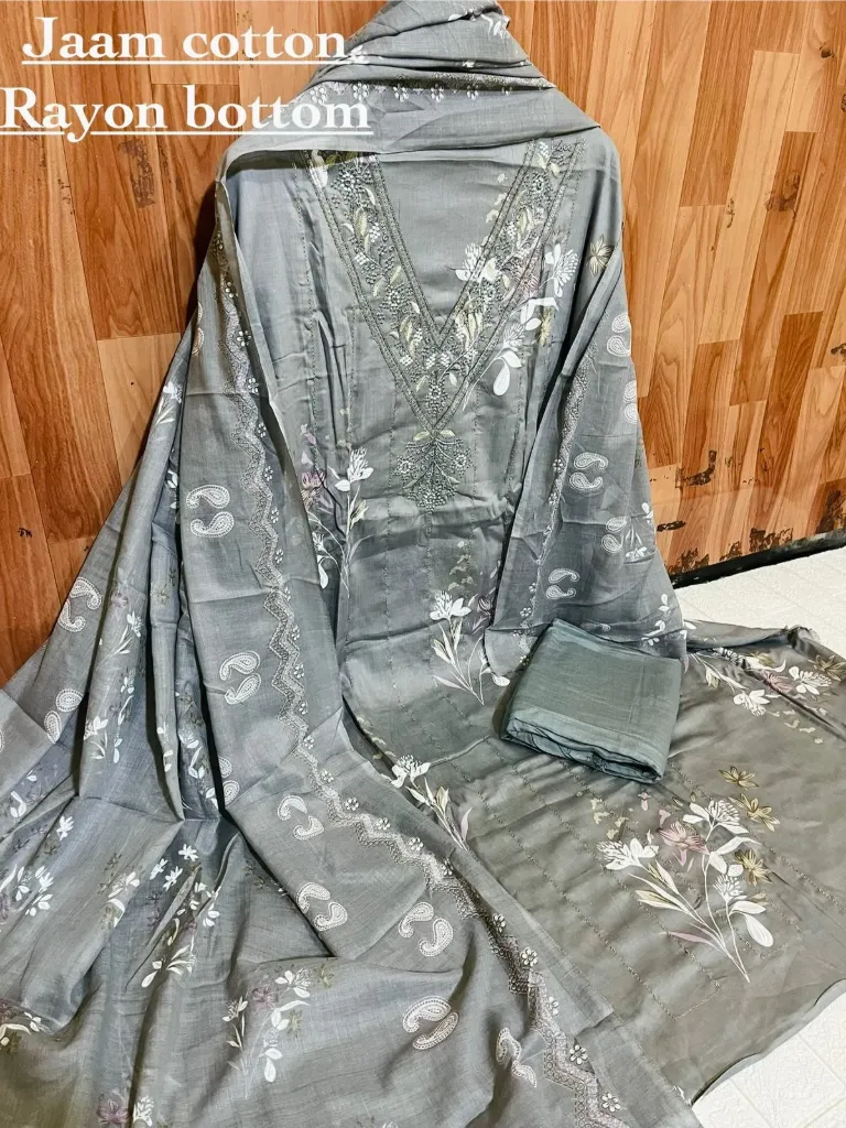 Jaam Cotton Deep V Floral Threadwork Unstitched Suit Set