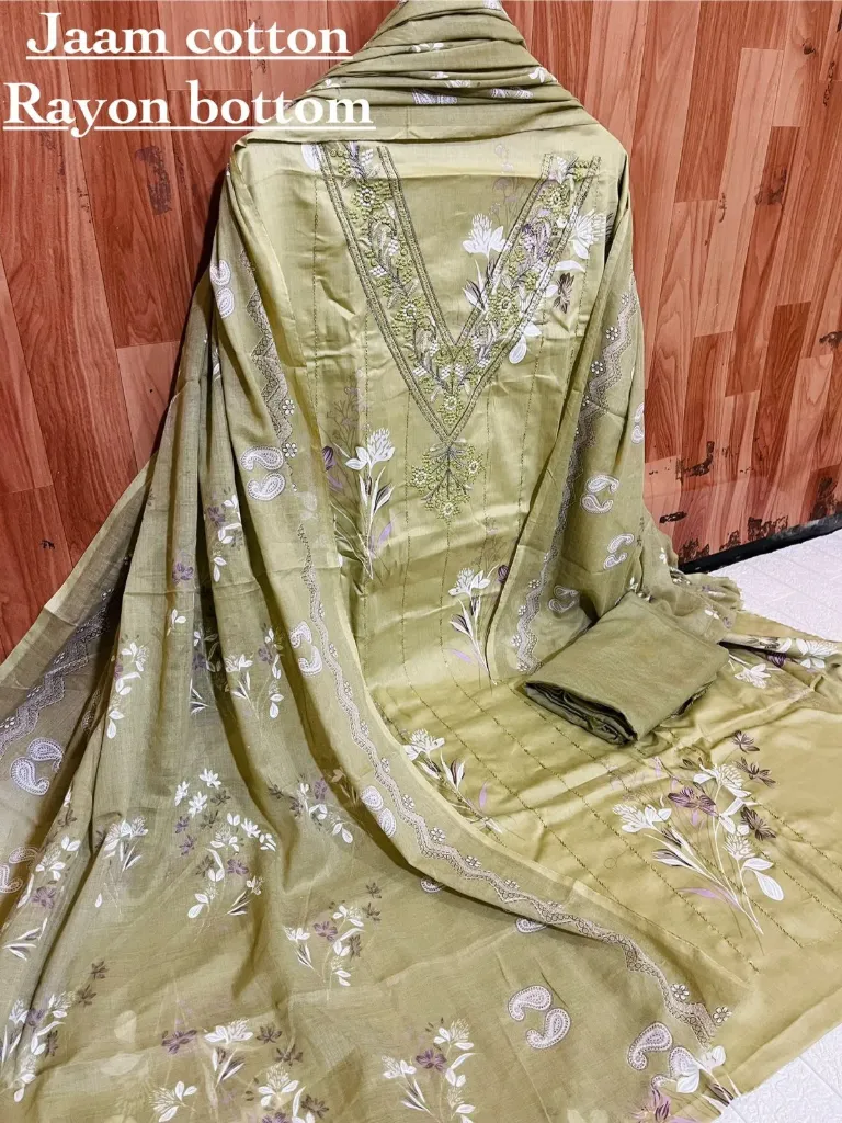 Jaam Cotton Deep V Floral Threadwork Unstitched Suit Set