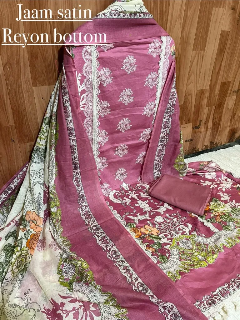 Jaam Satin Floral Lace Border Unstitched Suit Set (Pink)