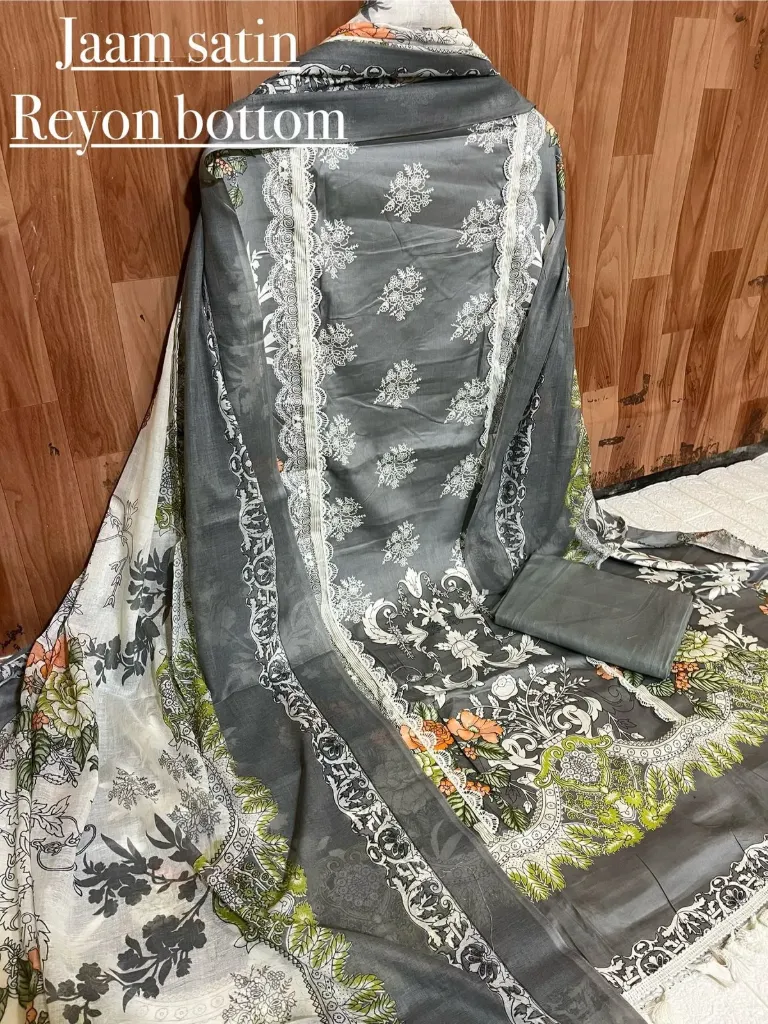 Jaam Satin Floral Lace Border Unstitched Suit Set