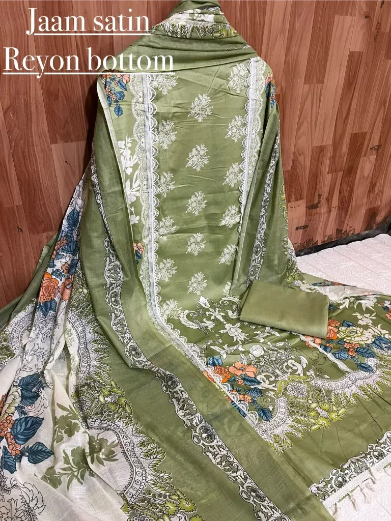 Jaam Satin Floral Lace Border Unstitched Suit Set