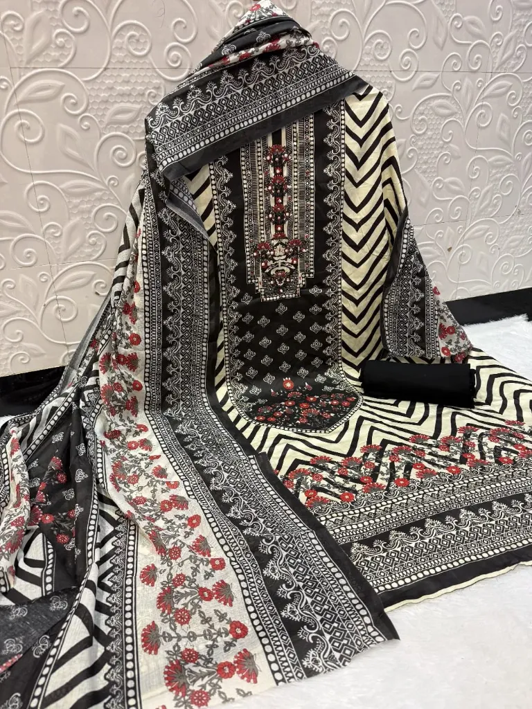 Cotton Zigzag Stripe Central Embroidery Unstitched Suit Set