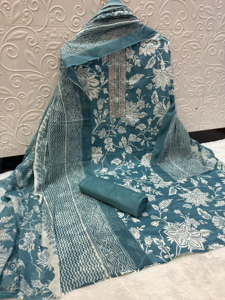 Cotton Abstract Floral Stripe Embroidery Unstitched Suit Set