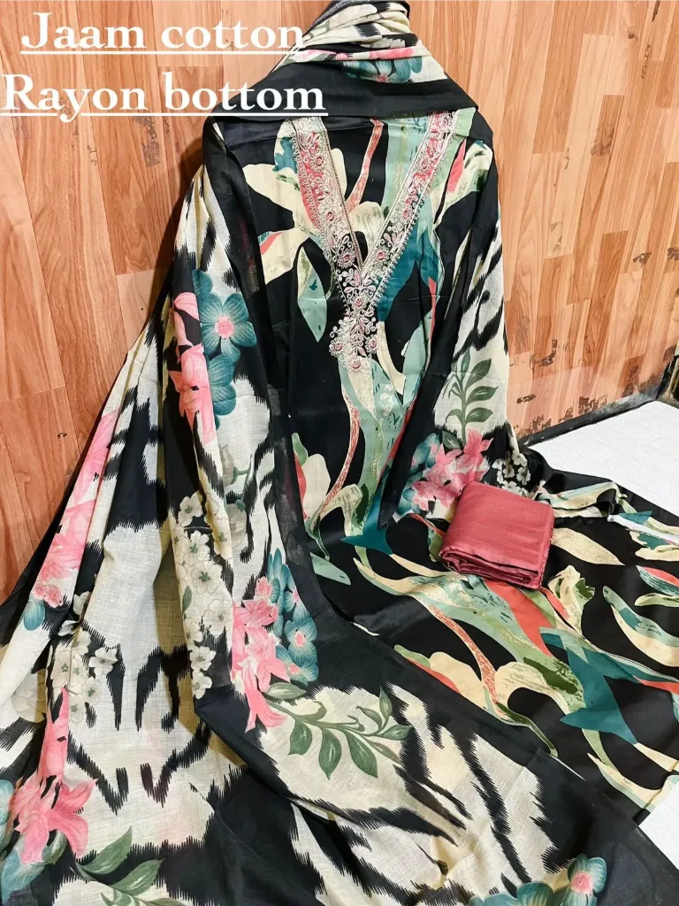 Cotton Tropical Leaf Heavy Embroidery Unstitched Suit Set - TEST
