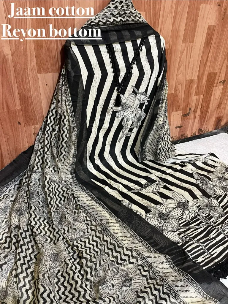 Cotton Chevron Stripe Floral Embroidery Unstitched Suit Set