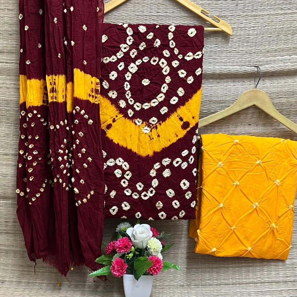 Cotton Hand Bandhani Unstitched Suit Set