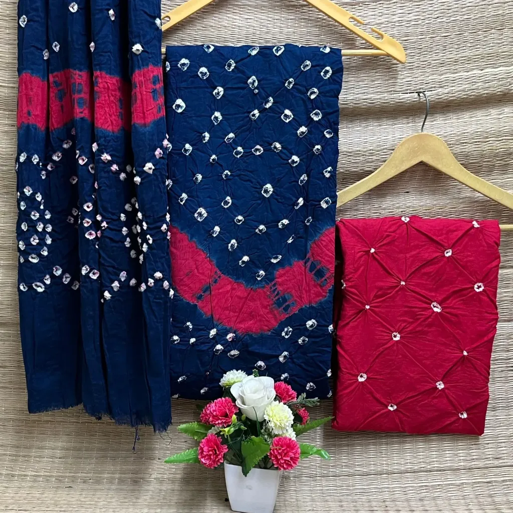Cotton Hand Bandhani Unstitched Suit Set (Blue)