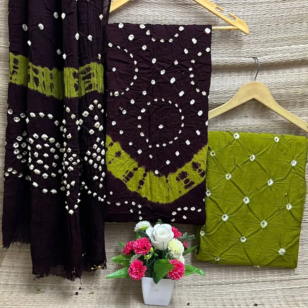 Cotton Hand Bandhani Unstitched Suit Set