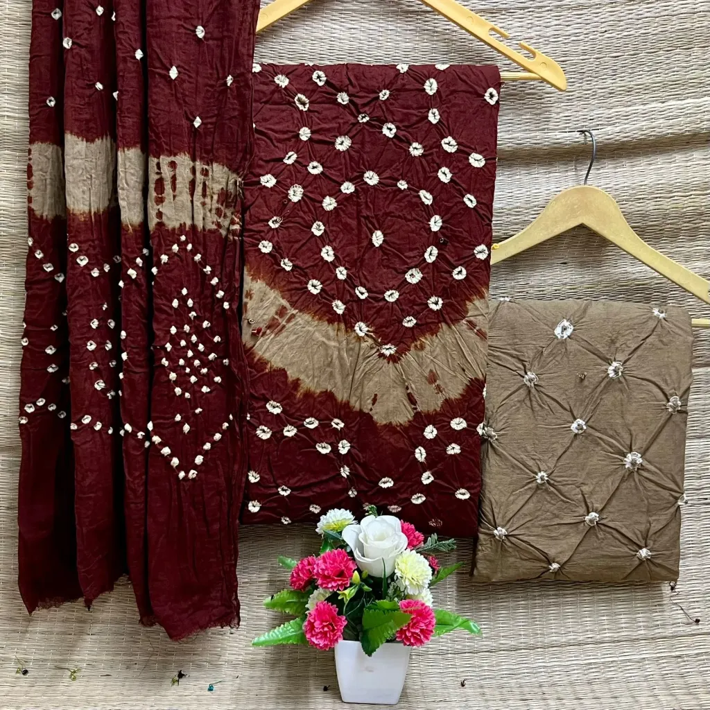 Cotton Hand Bandhani Unstitched Suit Set