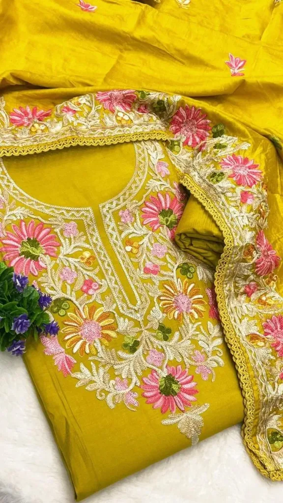 Roman Silk Kashmiri Neck Butta Work Unstitched Suit Set