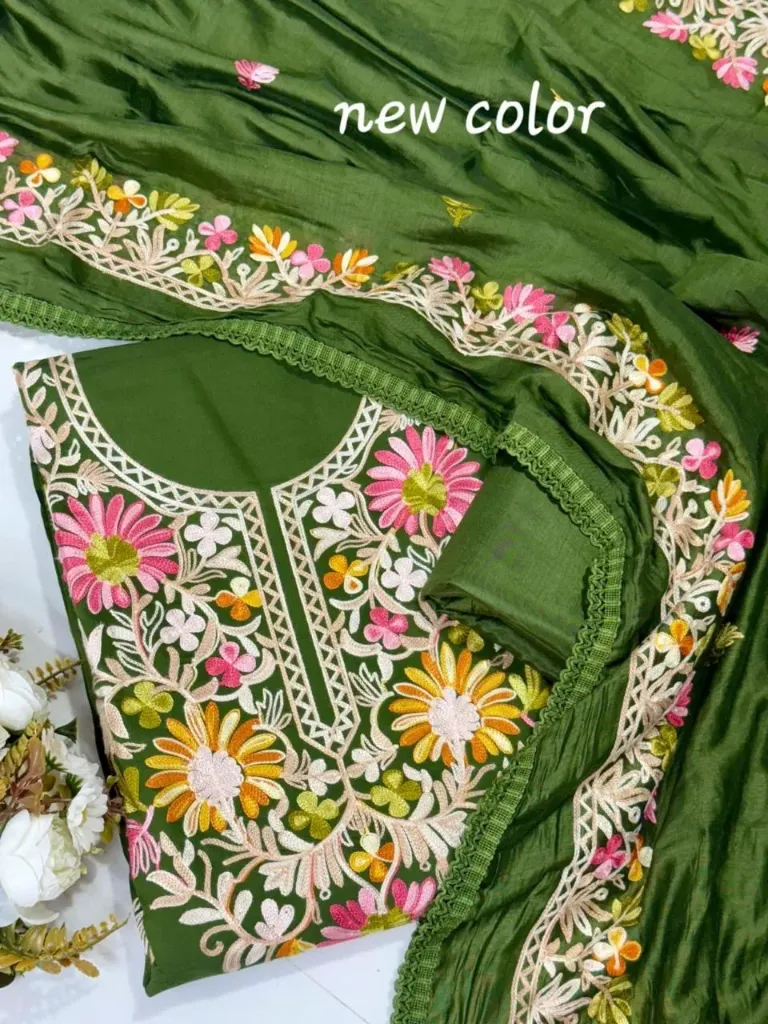 Roman Silk Kashmiri Neck Butta Work Unstitched Suit Set