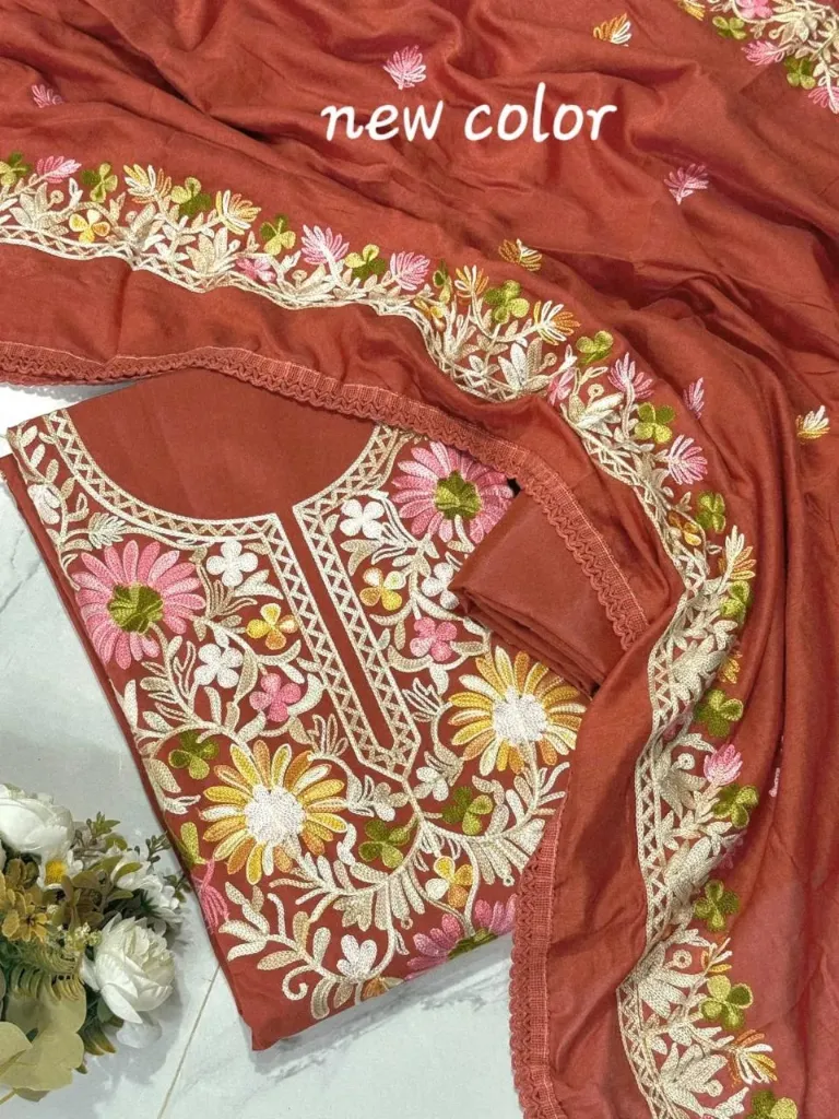 Roman Silk Kashmiri Neck Butta Work Unstitched Suit Set