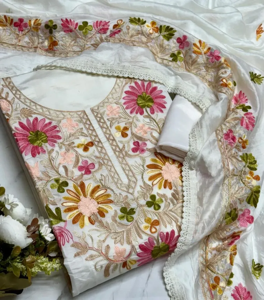 Roman Silk Kashmiri Neck Butta Work Unstitched Suit Set (White)
