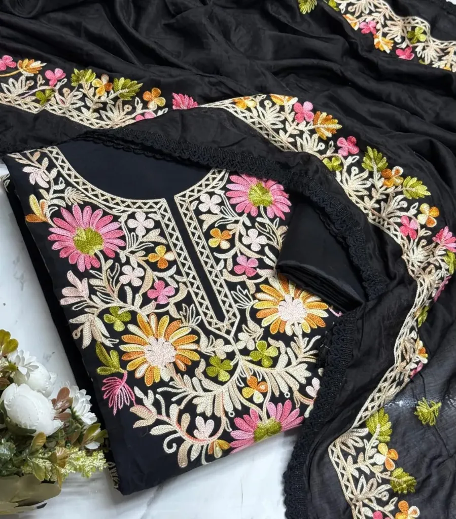 Roman Silk Kashmiri Neck Butta Work Unstitched Suit Set