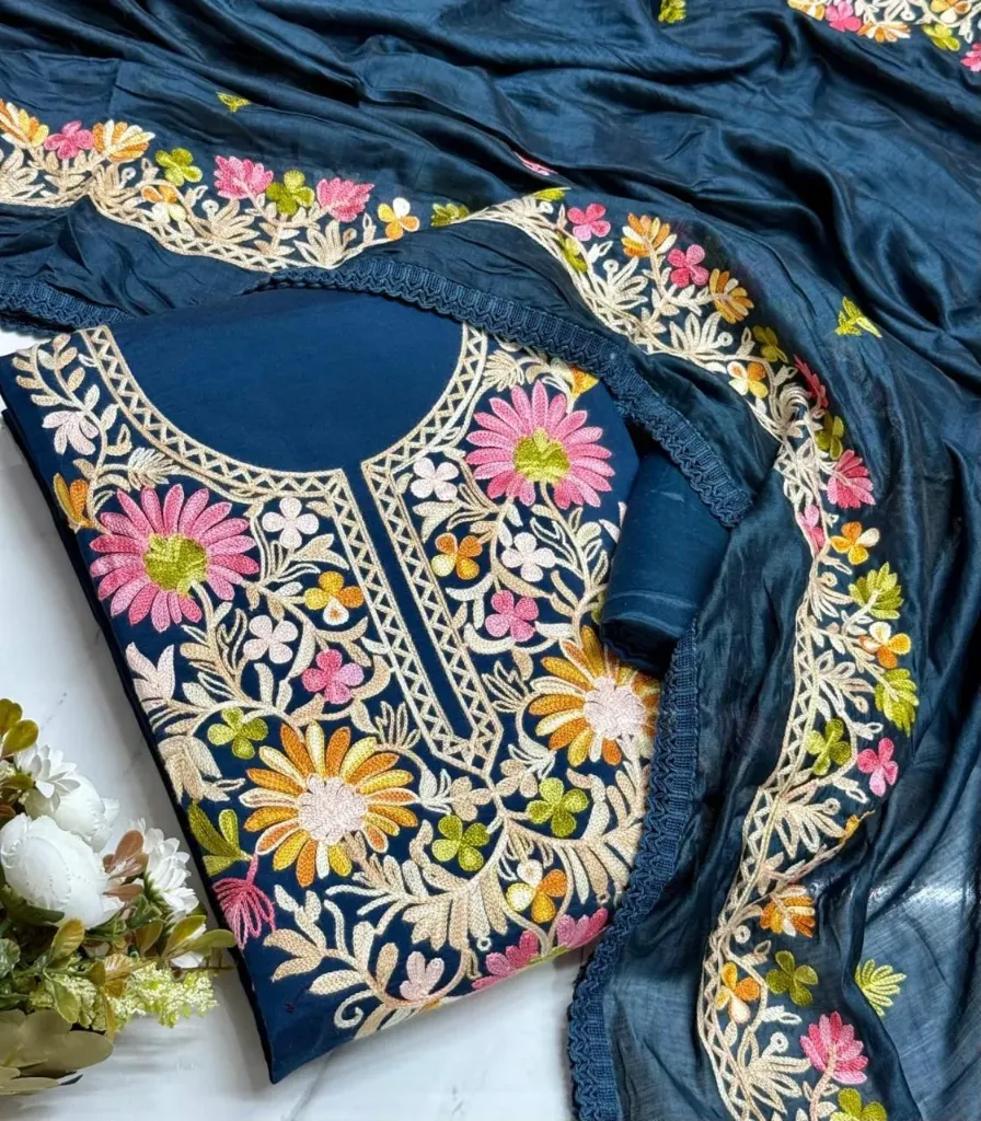 Roman Silk Kashmiri Neck Butta Work Unstitched Suit Set