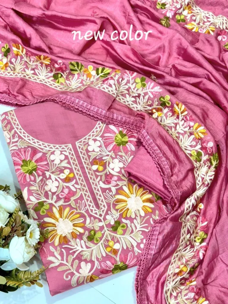 Roman Silk Kashmiri Neck Butta Work Unstitched Suit Set