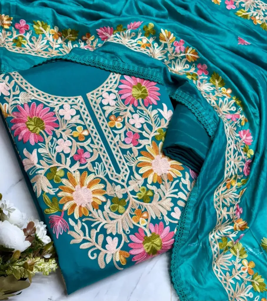 Roman Silk Kashmiri Neck Butta Work Unstitched Suit Set