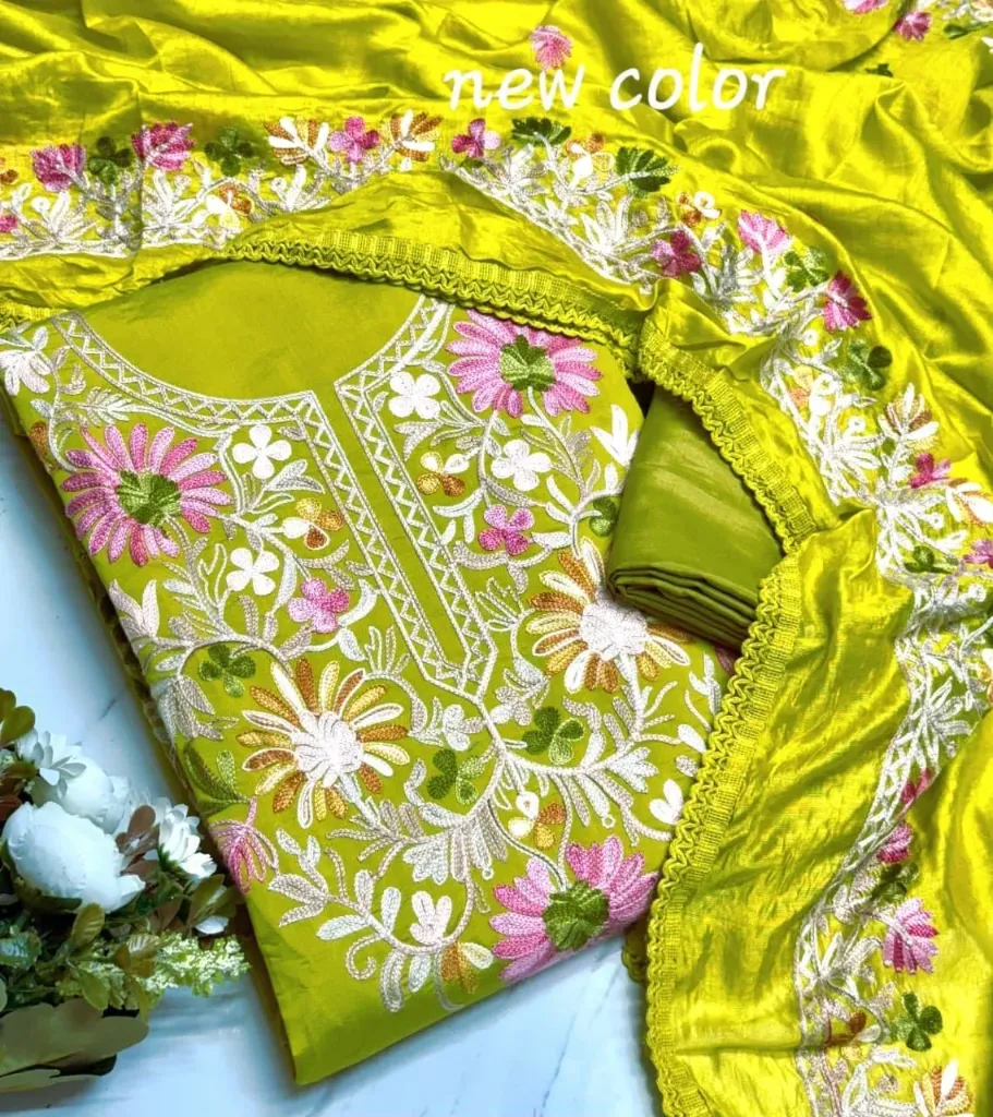 Roman Silk Kashmiri Neck Butta Work Unstitched Suit Set